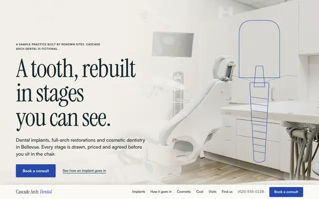 Cascade Arch Dental sample site: a line drawing of an implant beside a book a consult button